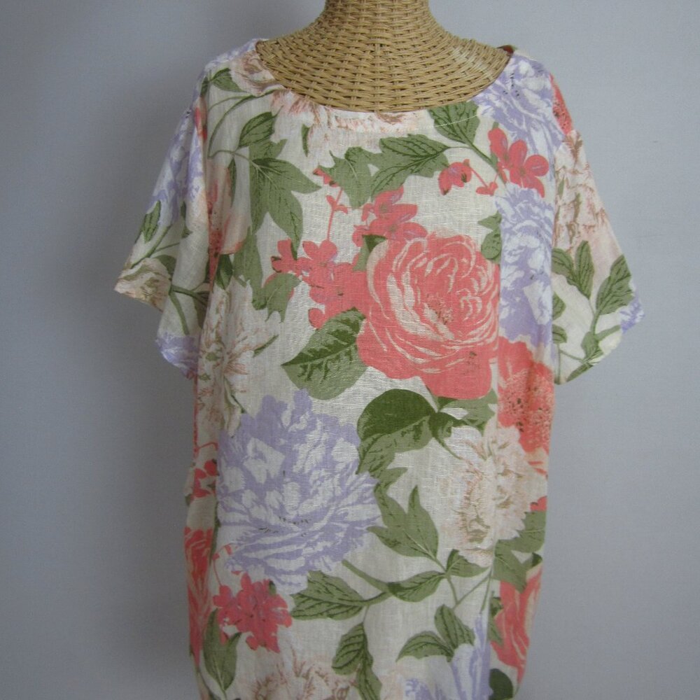 Joie Womens Plus 2X Linen Floral Ivory Coral Pink Purple SS Tunic Shirt Top